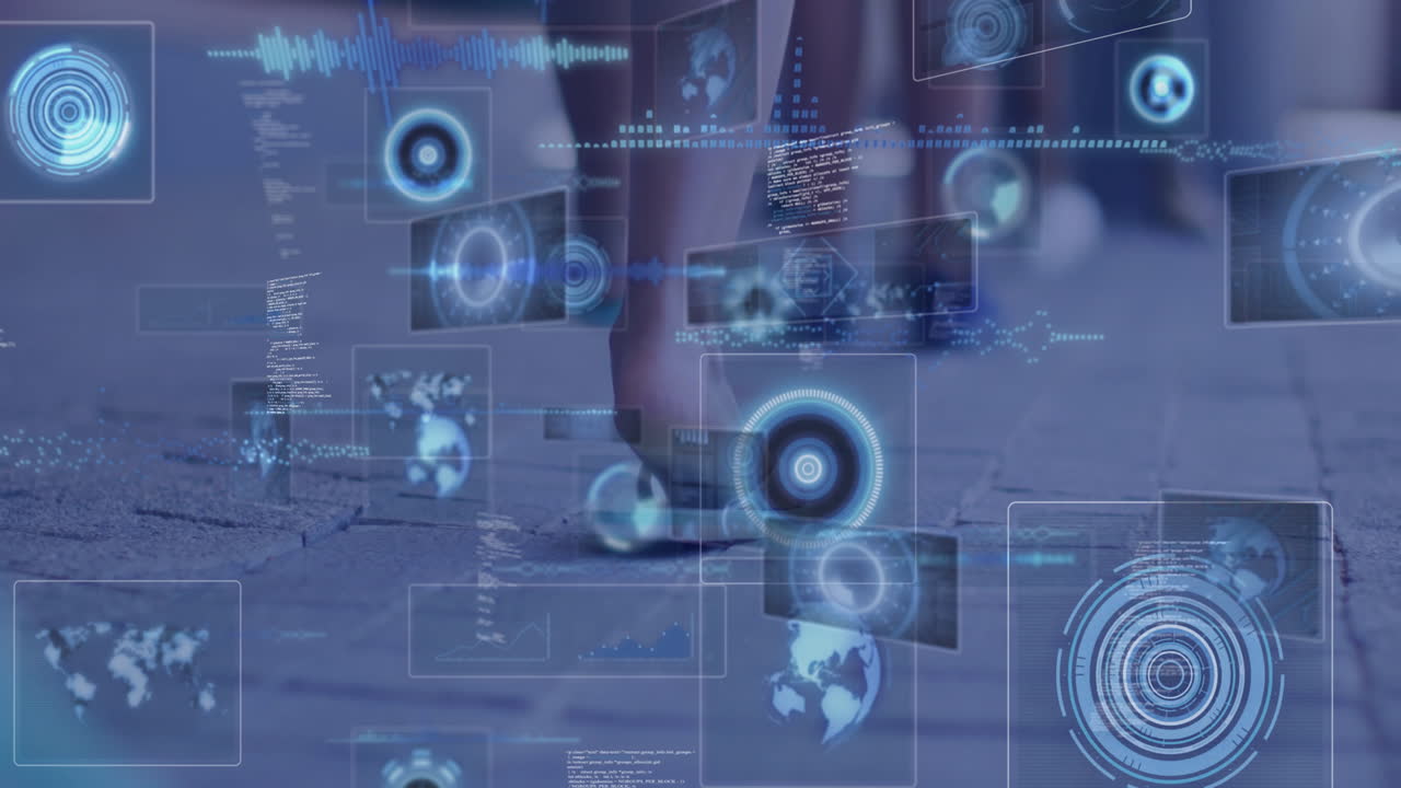 Digital data and technology interface animation over people walking on street