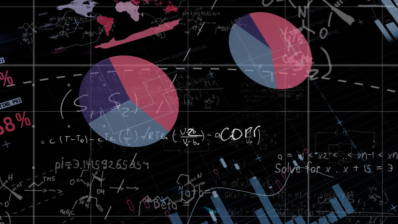 animación de líneas sobre interfaz infográfica contra ecuaciones matemáticas en fondo negro.