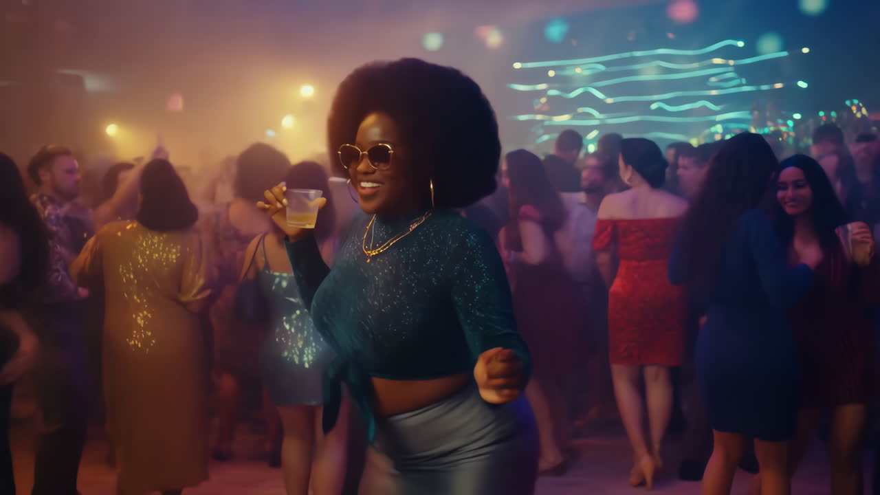 Woman Dancing and Smiling at a Vibrant Disco Party