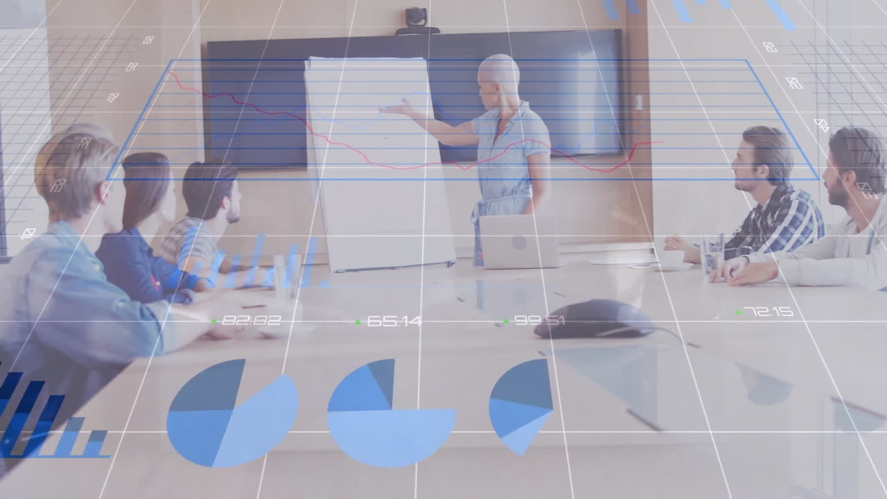 In office, diverse team discussing data charts and graphs with animation overlay