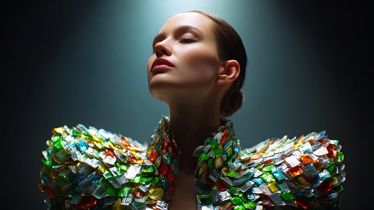 A Stunning Showcase of Fashion Innovation Featuring a Model Dressed in a Unique Eco-Friendly Ensemble Made from Recycled Materials Under Dramatic Lighting