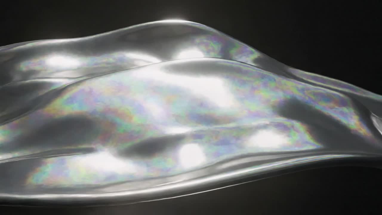 Shiny ribbon flowing in dark void direct light driving glints showing rainbow sheen for technology