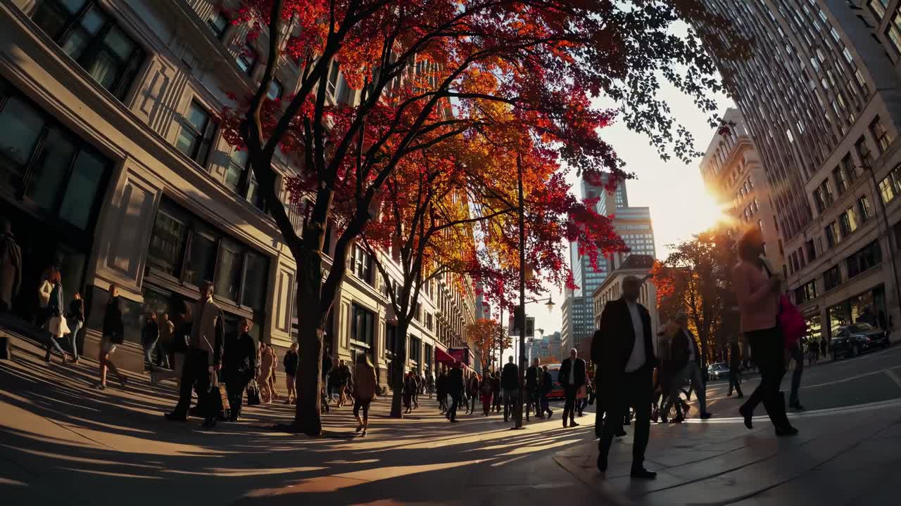 Dynamic street scene video with a fisheye lens capturing vibrant autumn trees and bustling
