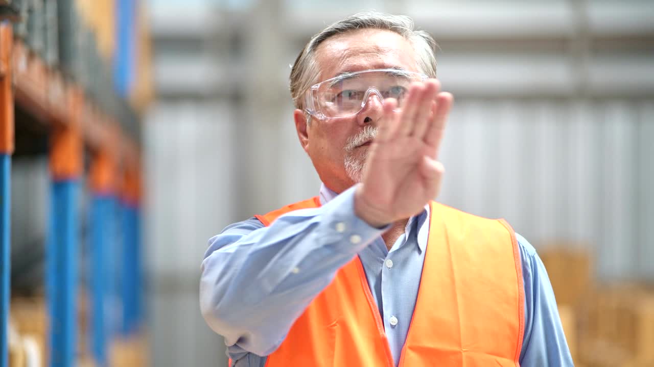 카메라를 가리키는 시니어 남자. 안전 안경을 쓴 은 아시아 남자, 카메라을 가리킨다. vfx hud overlay를 위해.