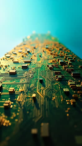 detailed close-up of a green circuit board with golden traces