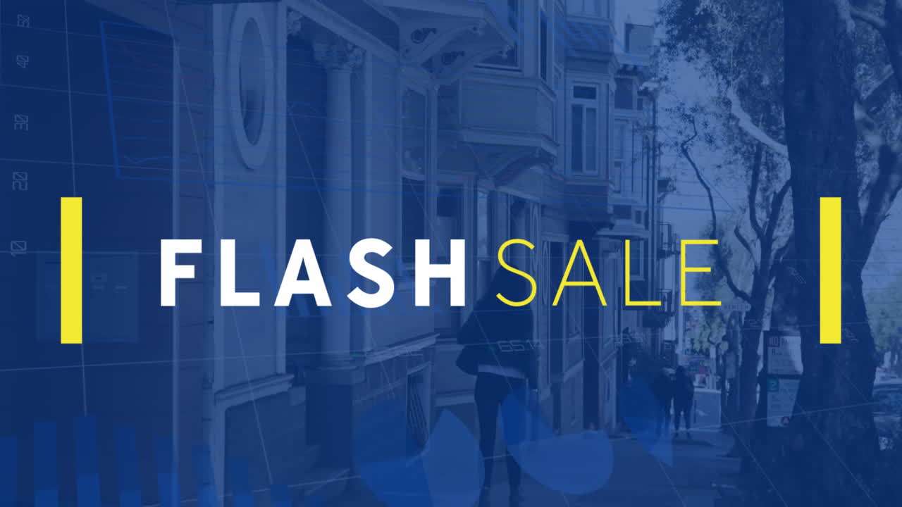 건물 에서 고 있는 여성의 뒷면에서 줄 사이에 있는 플래시 판매 텍스트의 애니메이션