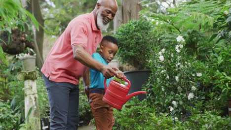 Glücklicher-älterer-Afroamerikanischer-Mann-Mit-Seinem-Enkel,-Der-Pflanzen-Im-Garten-Gießt