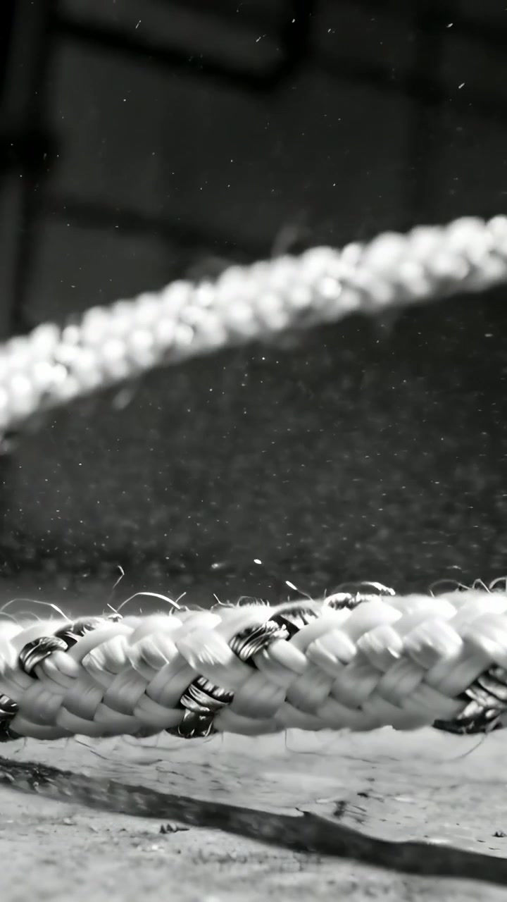 Video verticale: La telecamera si ritrae, rivelando una corda intrecciata che scende in garage e mostra fili metallici.