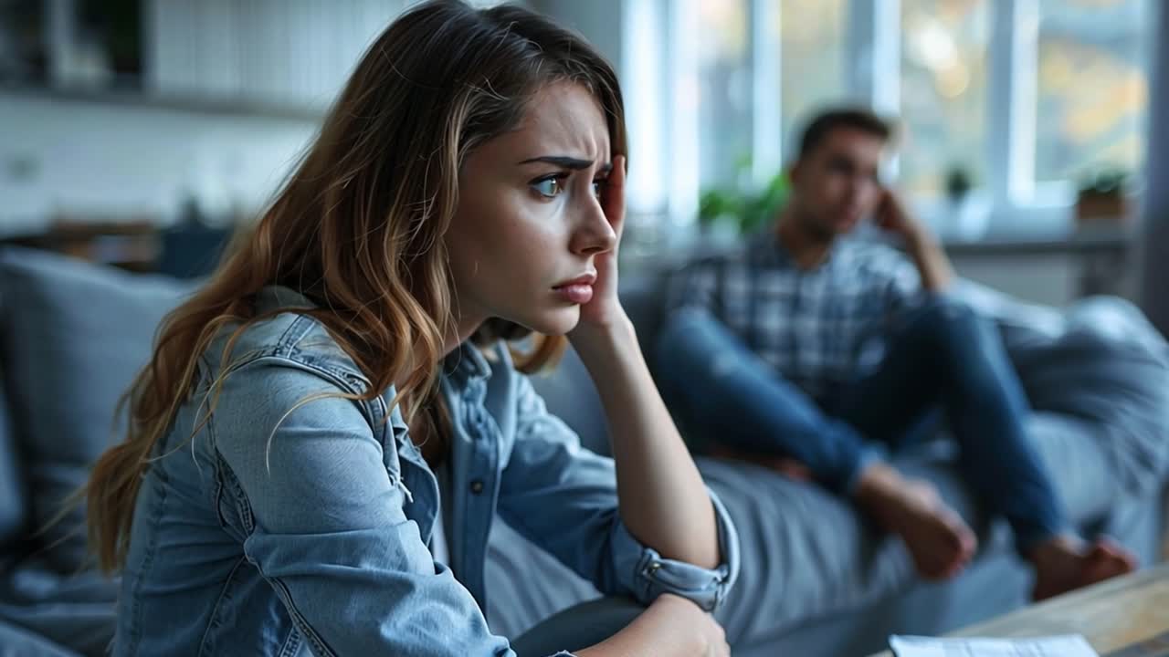 A distressed woman in the foreground with a man blurred in the background, suggesting relationship problems