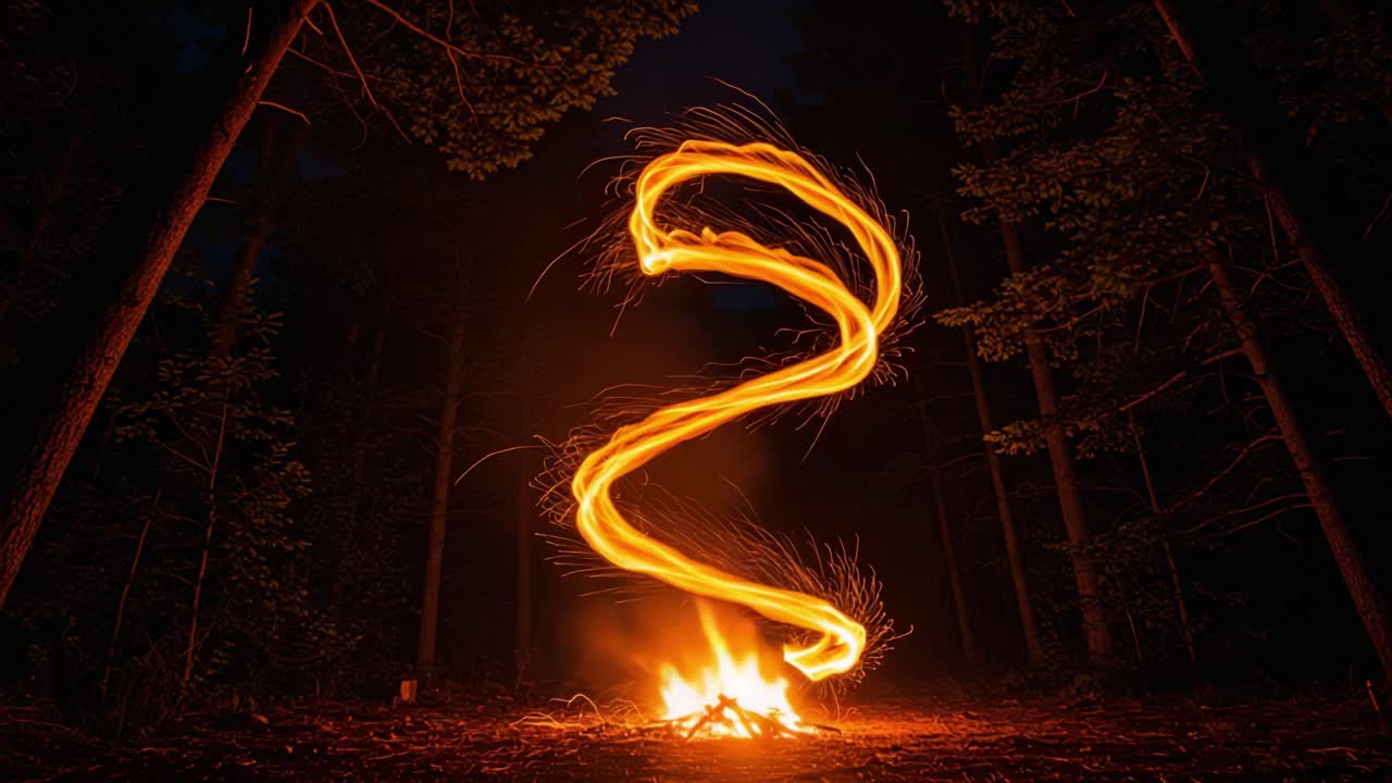 Mesmerizing Spiral: The Enigmatic Dance of Firelight in the Dark Forest, Capturing the Essence of Outdoor Adventure and Nighttime Mystery
