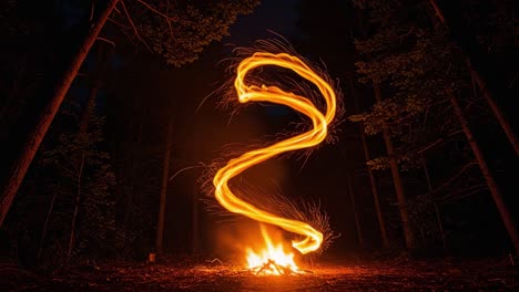 Mesmerizing Spiral: The Enigmatic Dance of Firelight in the Dark Forest, Capturing the Essence of Outdoor Adventure and Nighttime Mystery