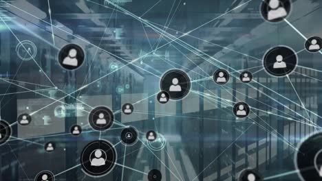 animación de la red de conexiones con iconos y procesamiento de datos a través de servidores informáticos