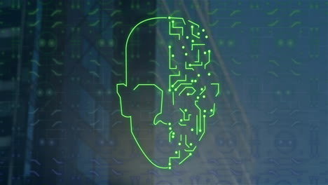 Animation of face silhouette with computer circuit board over modern office building