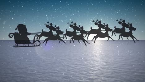 animación de nieve cayendo sobre santa claus en trineo con renos y paisaje de invierno