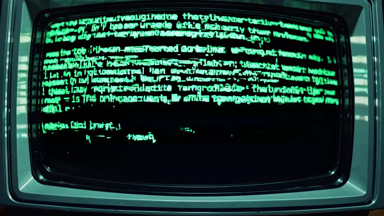 Close-up of a vintage CRT monitor displaying green glitchy text, evoking a retro tech vibe
