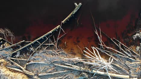 snow covered driftwood at shore, top down circling aerial