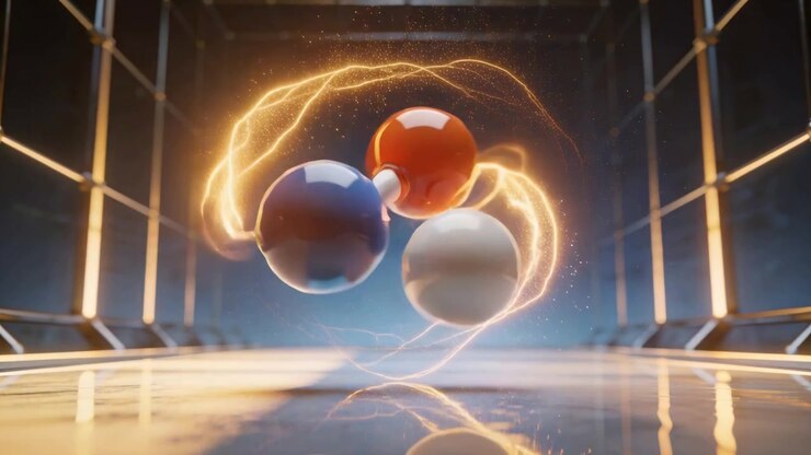 Reacting to gold ring forming, three glossy spheres aligning into triad in chamber with metal rod
