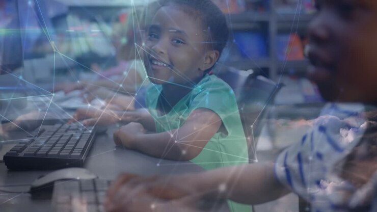 Network of connections over portrait of african american girl smiling in computer class at school