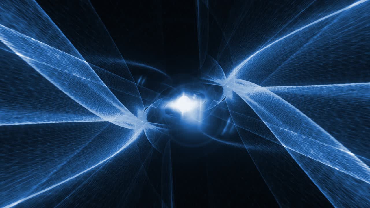 Abstract blue wire mesh with center flare light space background, geometry surfaces wave lines animation rotate. 4K 3D loop abstract tunnel grid for digital dynamic wallpaper, technology background.