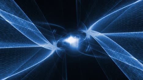 abstract blue wire mesh with center flare light space background, geometry surfaces wave lines animation rotate. 4k 3d loop abstract tunnel grid for digital dynamic wallpaper, technology background.