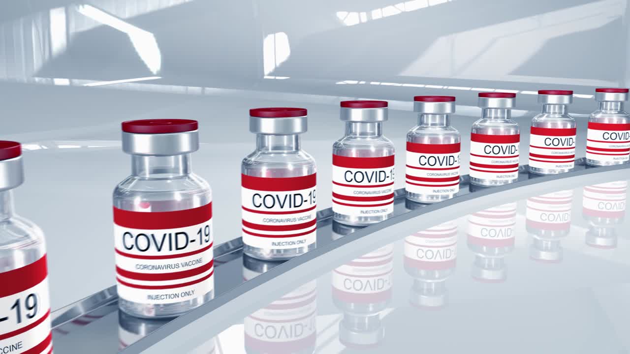 botellas rojas de la vacuna contra el coronavirus covid-19. viales de vidrio con la vacuna sars-cov-2. bucle sin costuras render 3d para edición de video, bucle para edición de vídeo, bucle