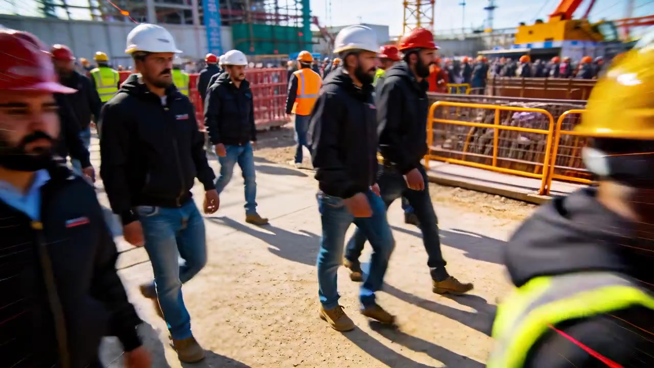 Walking crew in hard hats and hi-vis vests crossing construction site while camera panning, cranes