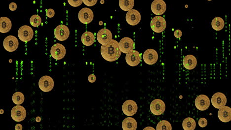 animación de los símbolos de bitcoin sobre un fondo negro con letras verdes