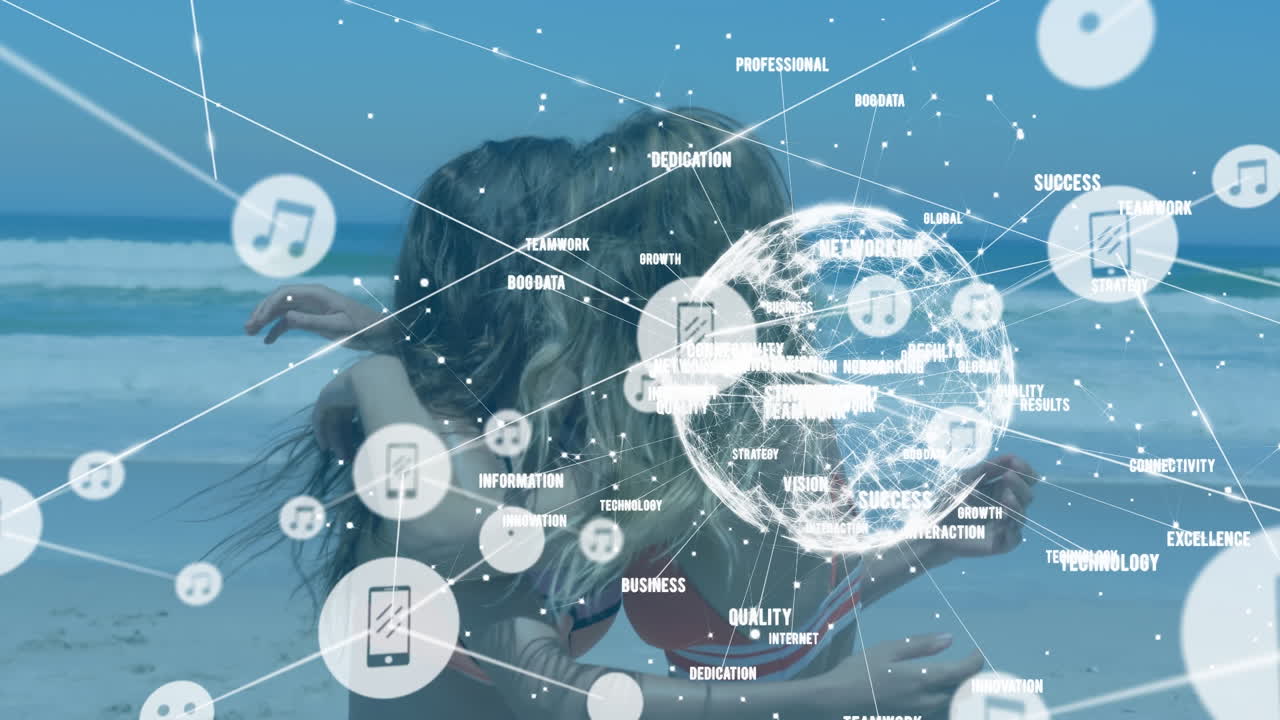 해변에서 웃는 백인 여성에 대한 미디어 아이콘과의 연결 네트워크의 애니메이션