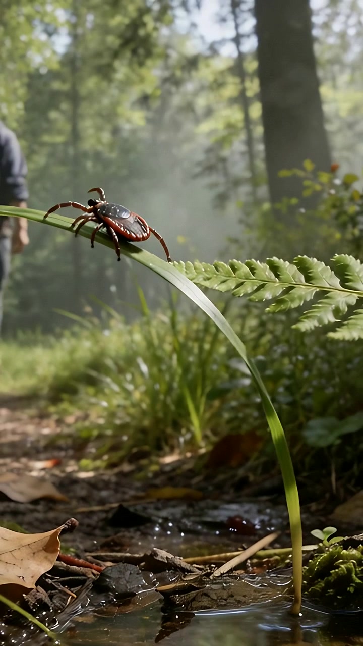 Video verticale: Zecca che striscia su una lama, foresta nebbiosa, escursionista con maglia a maniche lunghe scura e jeans.