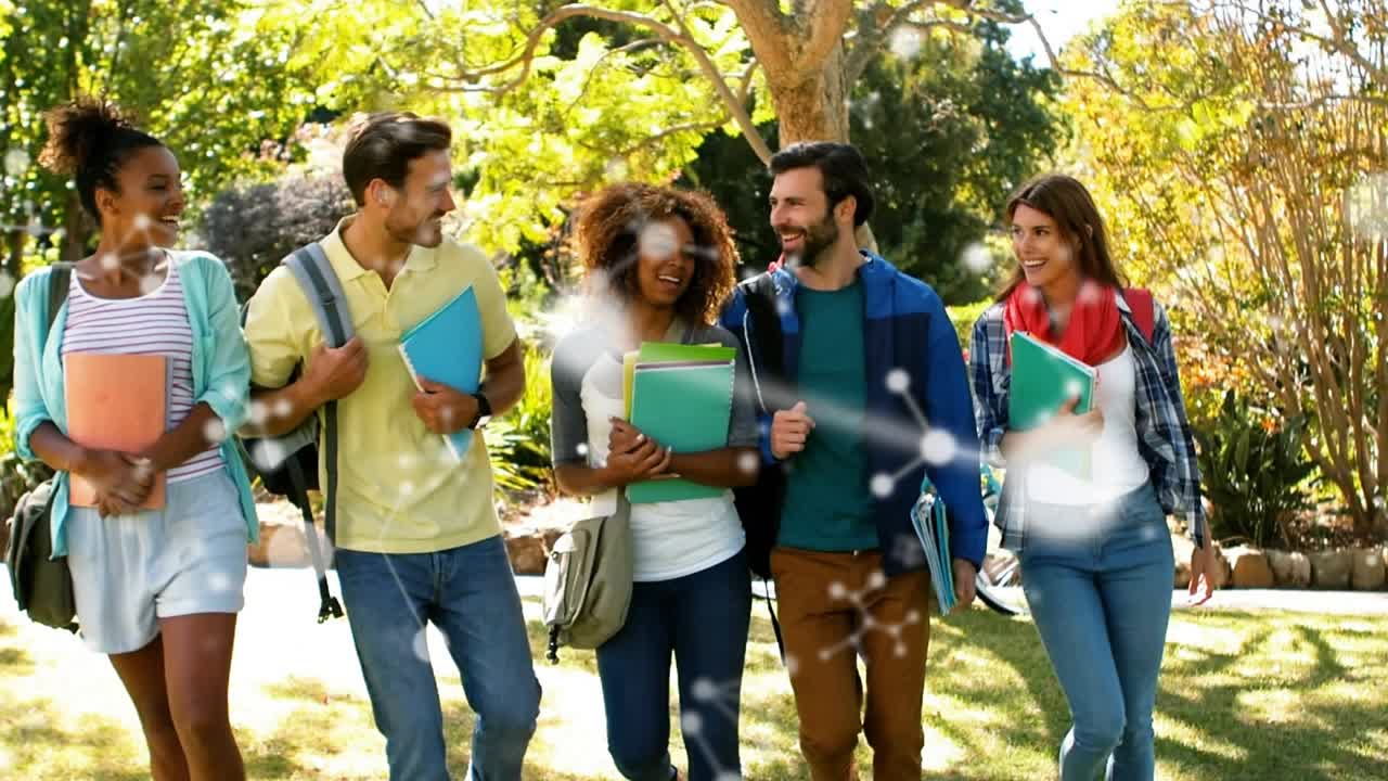 Five students walking between classes, white overlays drifting over group, central trio closing in