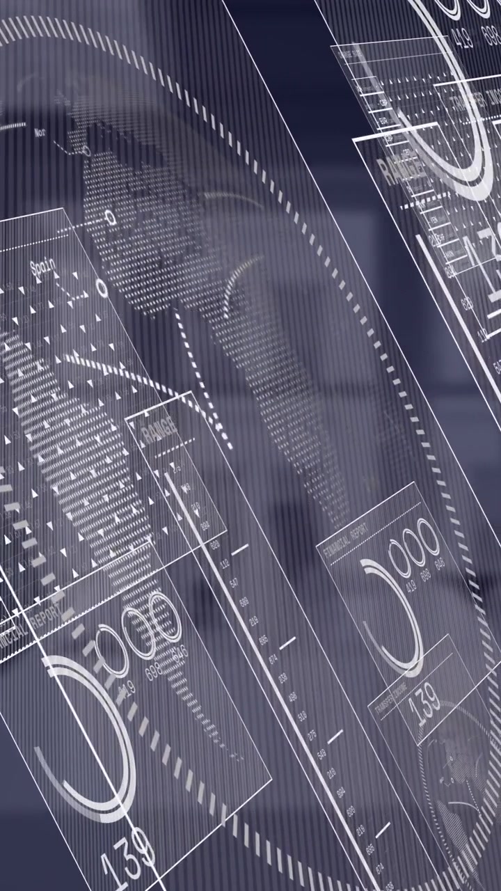 Animation of financial data processing over empty room in office