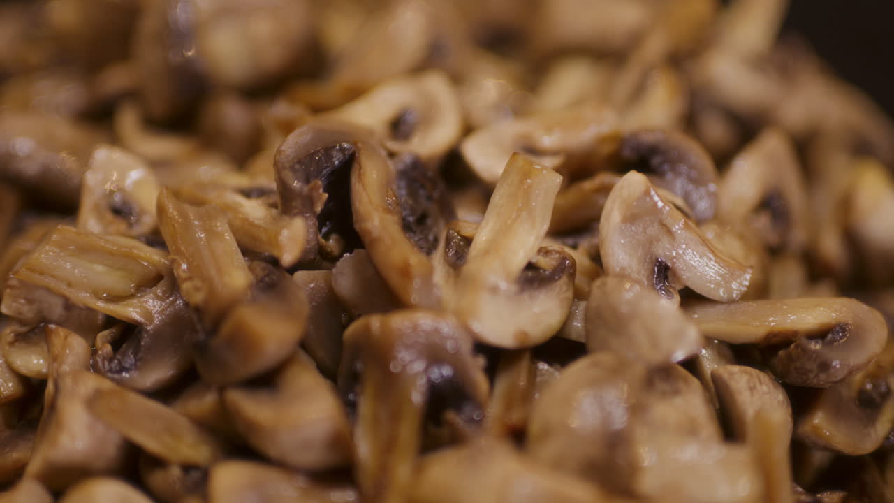 Close-up of fresh baked diced mushrooms