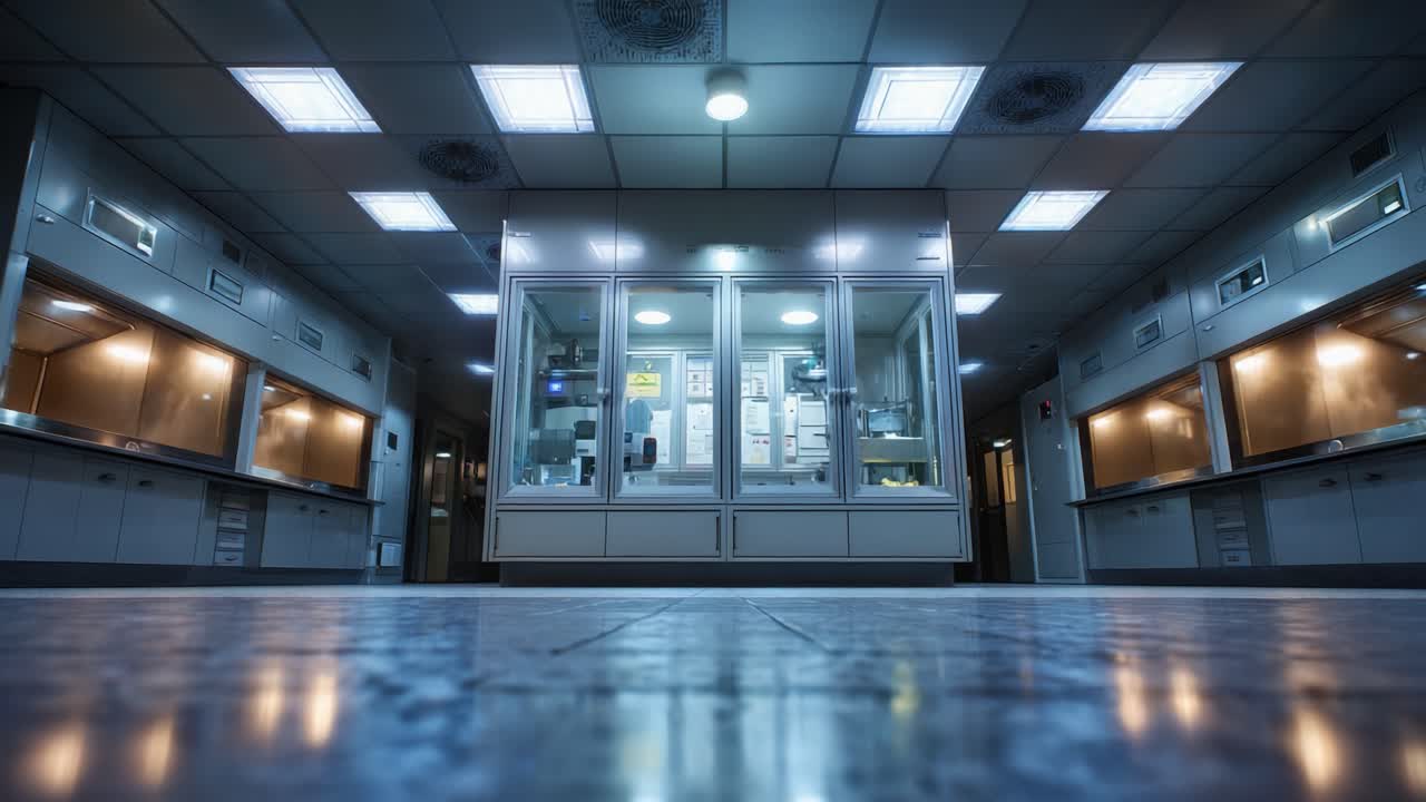Modernes Labor-Interieur mit Reinraumumgebung, das fortschrittliche Geräte und helle Beleuchtung präsentiert und wissenschaftliche Forschung und Innovation fördert