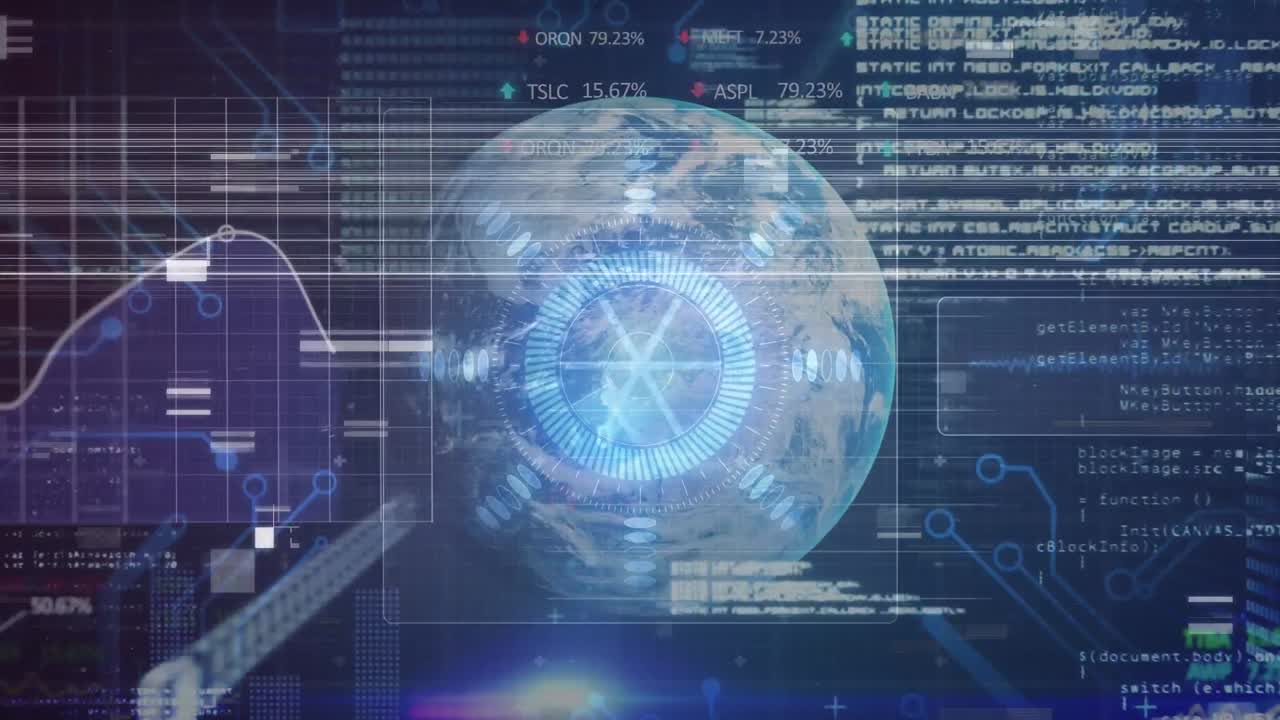 Animation of glitch over globe and diverse data processing on blue background