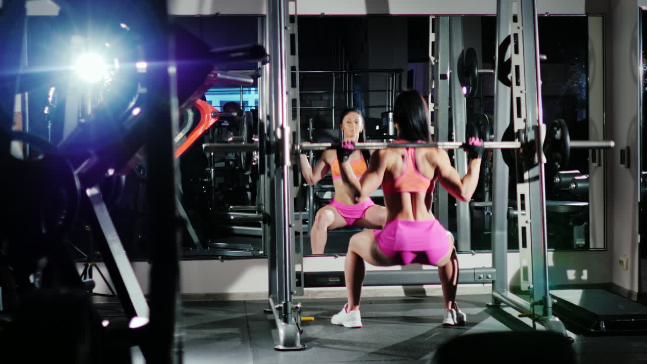 스포츠에서 바벨 동기 부여가 있는 운동 여성 스쿼트