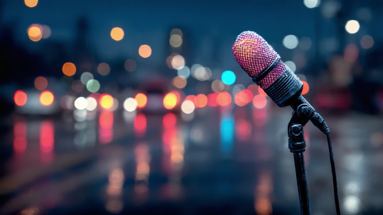 A vibrant microphone stands illuminated against a colorful blurred urban backdrop, showcasing the allure of nightlife amid a rainy environment filled with dazzling lights