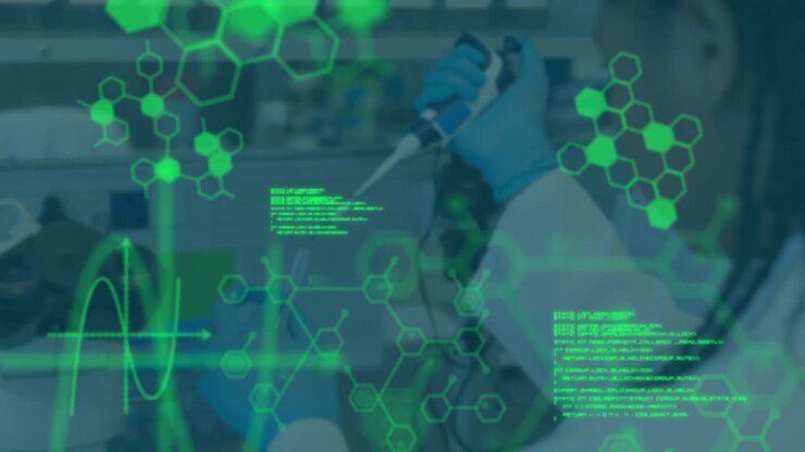 Animation of scientific data processing over caucasian female scientist in laboratory