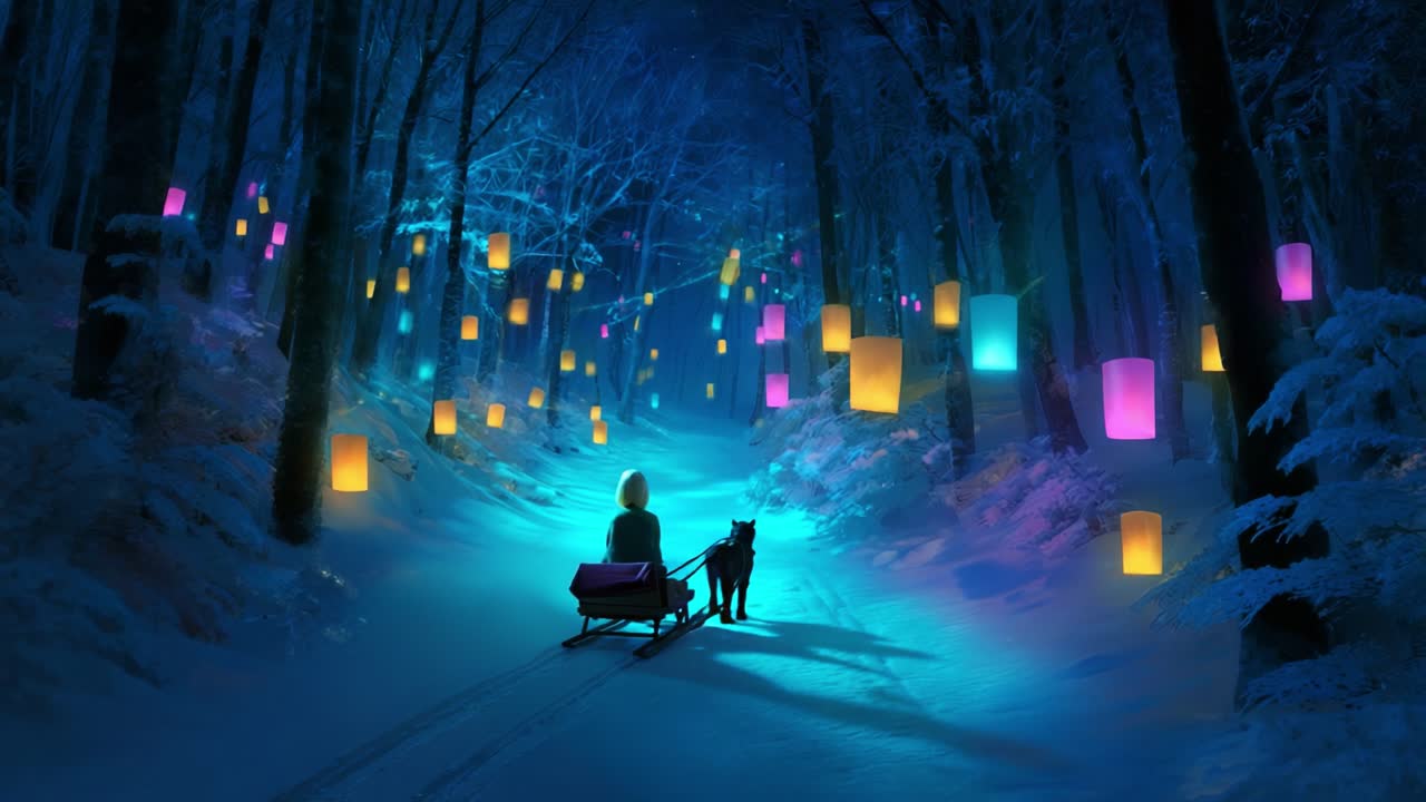 A Tranquil Winter Scene: A Person Sledding with a Dog Amidst a Magical Forest Illuminated by Colorful Lanterns and Soft Snow Under a Starry Night Sky