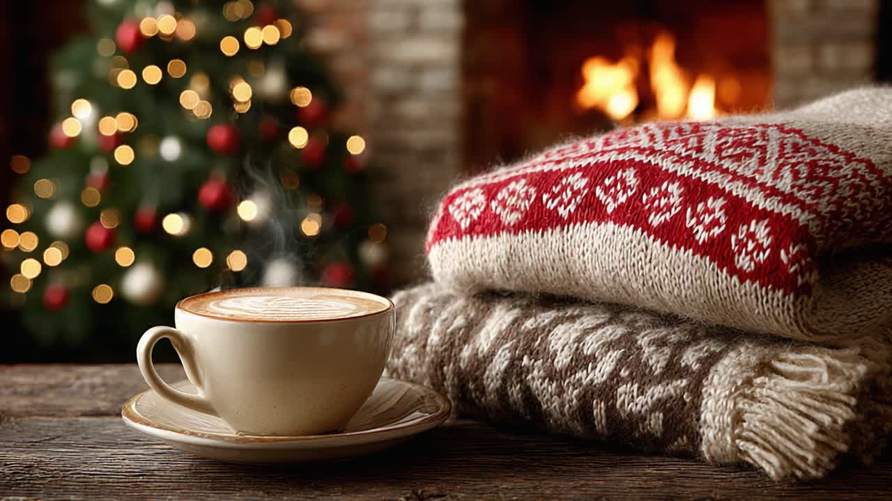A Cozy Winter Scene Featuring a Warm Cup of Coffee Surrounded by Soft Knitted Sweaters, Captured in Front of a Beautiful Christmas Tree and Glowing Fireplace