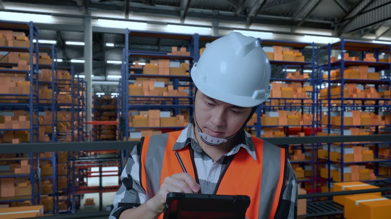 primer plano de un ingeniero masculino asiático con casco de seguridad de pie en el almacén con estantes llenos de bienes de entrega. tomando nota en la tableta y mirando a su alrededor en el almacenamiento