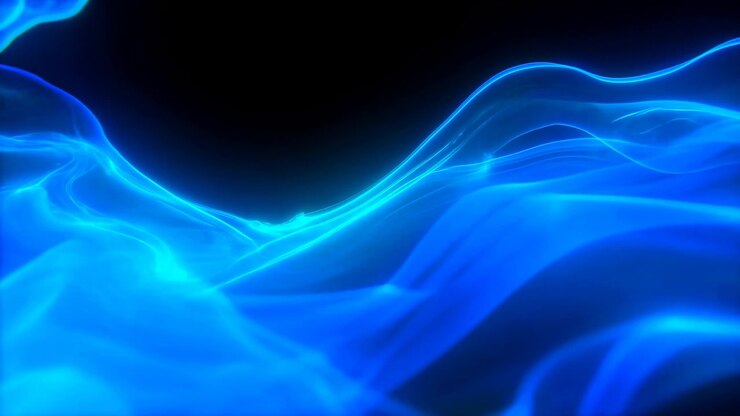 Onda blu astratta fluida e ondeggiante, su sfondo scuro, con accenti blu e neri e un'atmosfera dinamica e futuristica, da una prospettiva neutra, con oggetti nelle vicinanze.