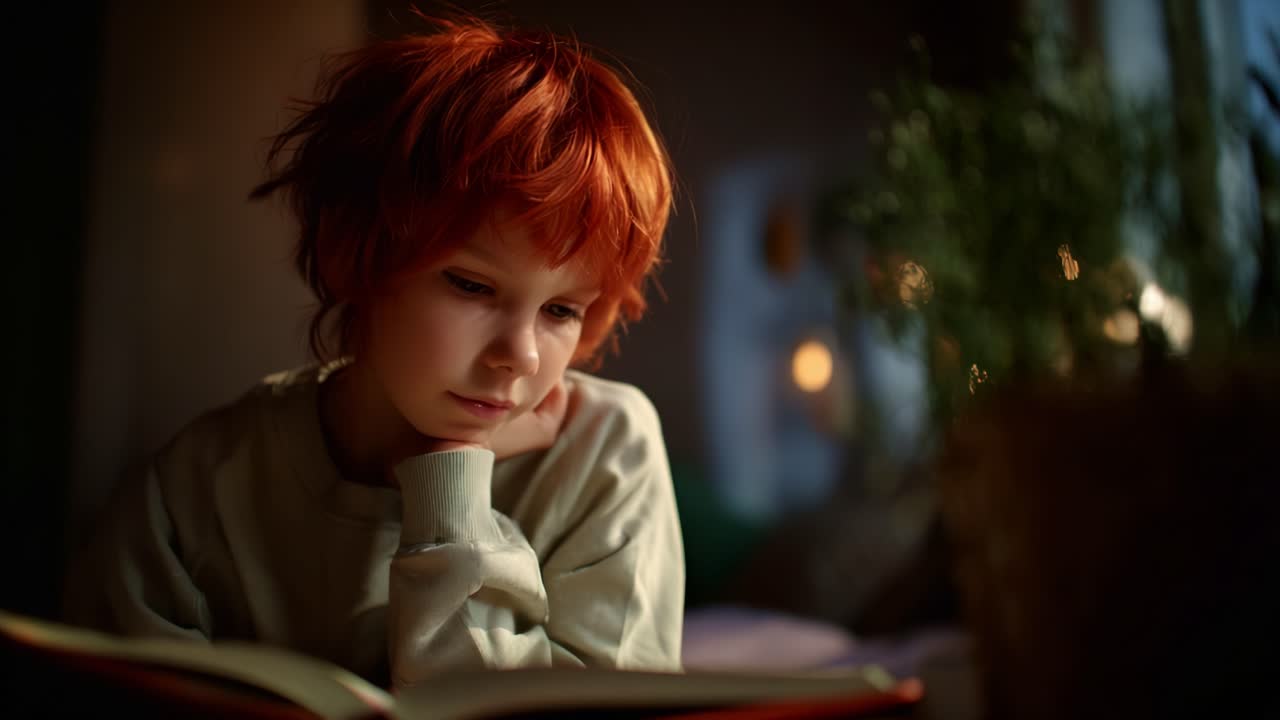 Et nysgerrigt og engageret barn læser en bog i et blødt oplyst rum, der indfanger fantasien og opdagelsens magi gennem litteratur i en hyggelig atmosfære