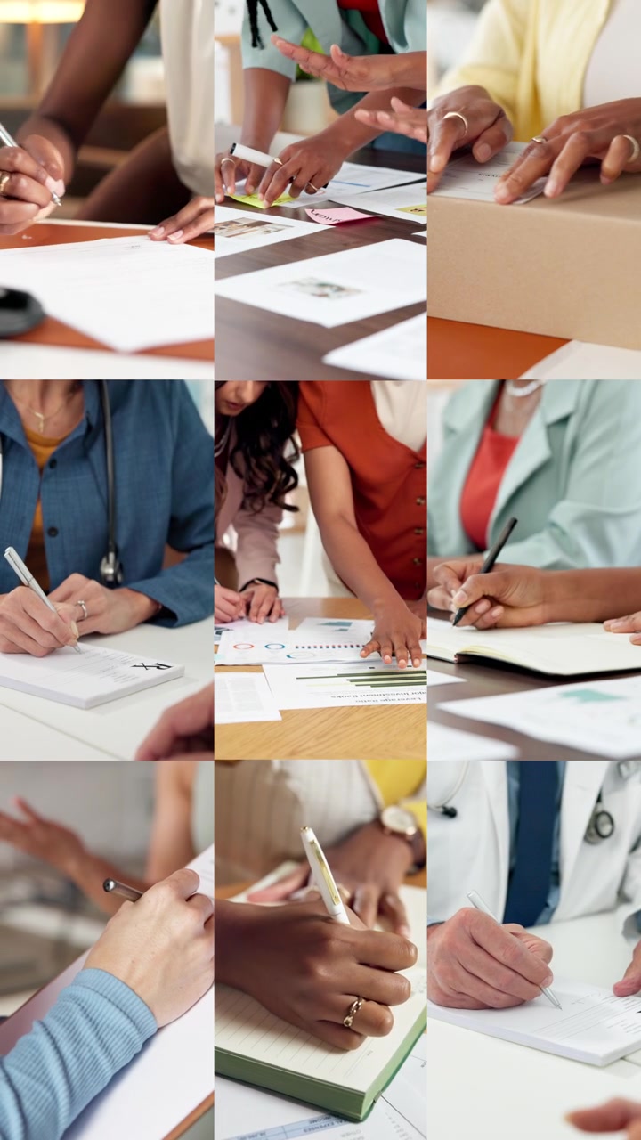 Diverse Professionals Writing and Collaborating in Office and Medical Settings