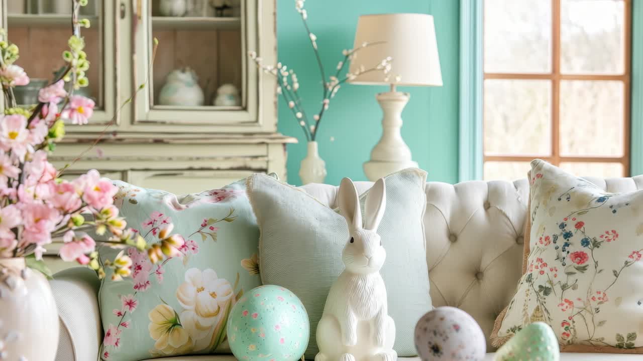 White easter bunny and pastel colored eggs decorating a sofa with floral cushions in a bright living room, with pink flowers in a vase and a vintage cabinet in the background