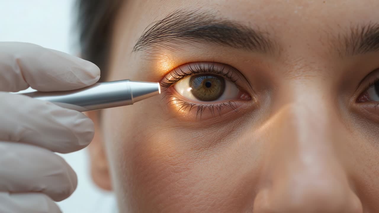 Bringing clinician's gloved pen near right eye for exam, LED on tear trough, patient closing eye