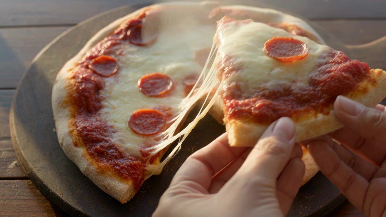 Entrano nell'inquadratura delle mani che sollevano una fetta di salame piccante da un tagliere su un tavolo illuminato dal sole, con il formaggio che si allunga per essere mangiato