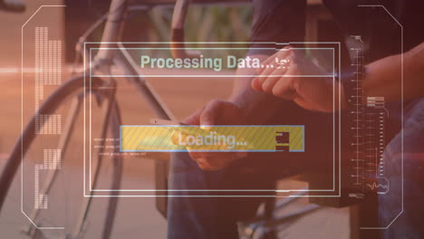 animation of data processing on screen over man using smartphone