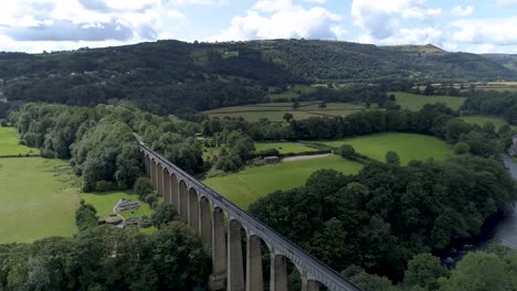 left to right aerial shot above llangollen aqueduct and canal