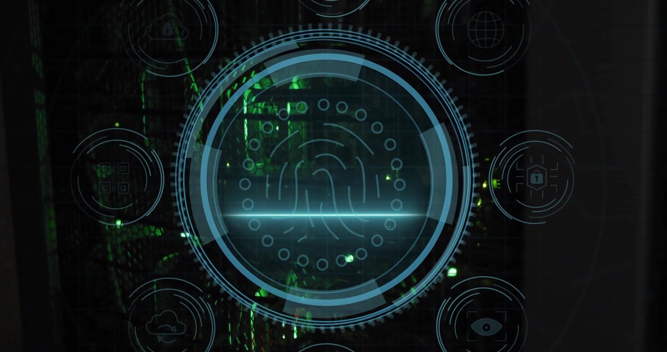 DATA PROTECTION text appearing, ring forming, fingerprint scanning, icons activating for protection