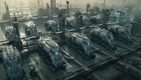 aerial view of advanced robotics facility showcasing futuristic transport units arranging and preparing for a significant operation in a high-tech industrial environment